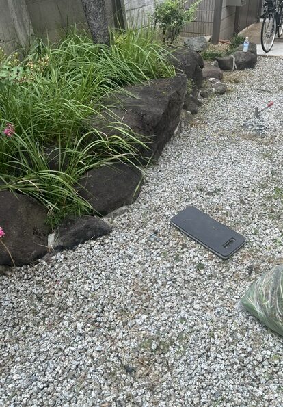 庭の雑草を丁寧に引き取り、袋詰め作業を行うスタッフの様子（大阪市平野区）